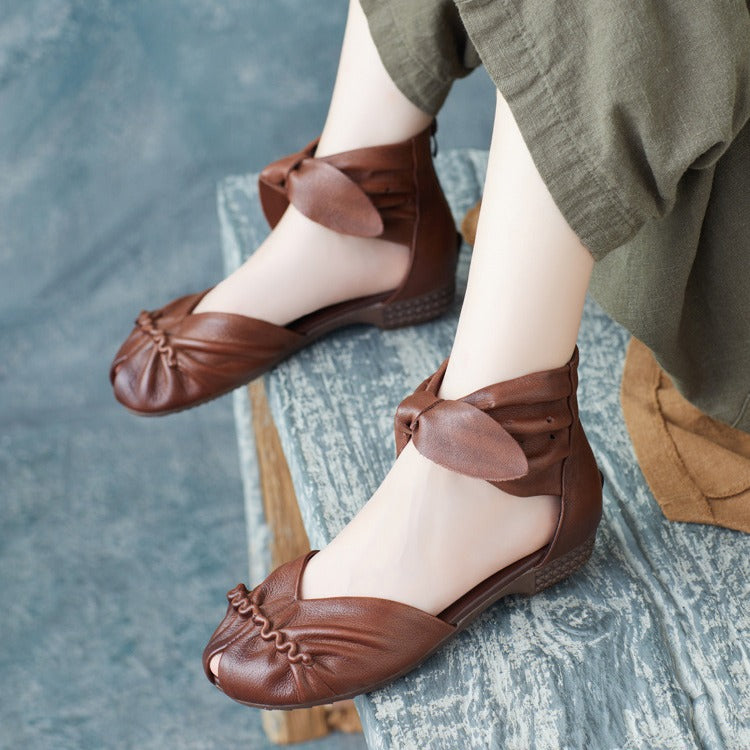 Summer Retro Leather Closed Toe Cut Out Heel Zipper Shoes