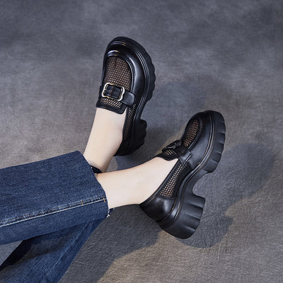Black Breathable Mesh Patchwork Leather Loafers for Women