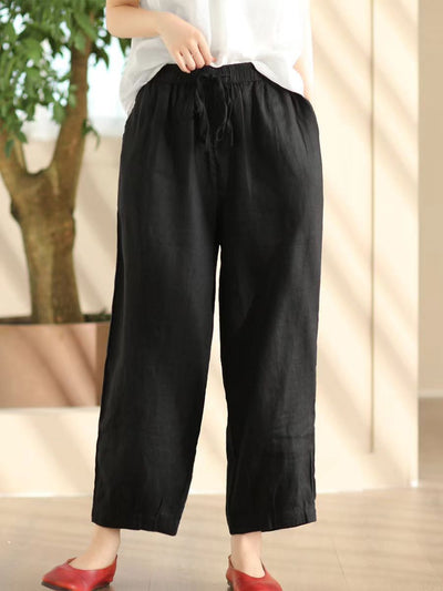Women Comfortable Linen Straight-Leg Elastic Waist Harem Pants