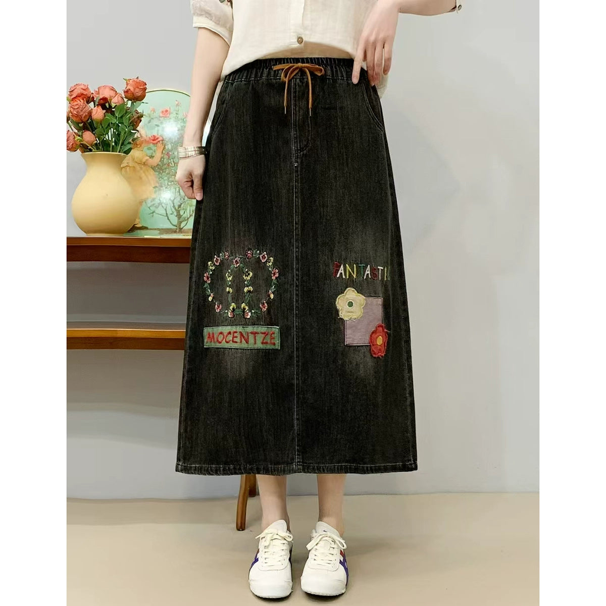 Women Casual Denim Cute Pattern Elastic Waist Lace Up Skirt