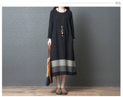 Babakud Spring Retro Cotton Linen Color Block A-Line Dress