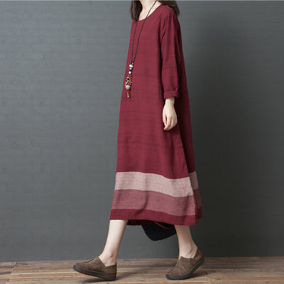 Babakud Spring Retro Cotton Linen Color Block A-Line Dress