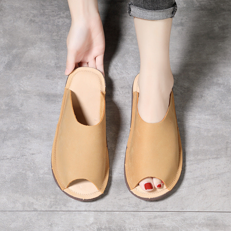 Women Summer Vintage Cowhide Slip-Ons Soft Sole Flat Shoes