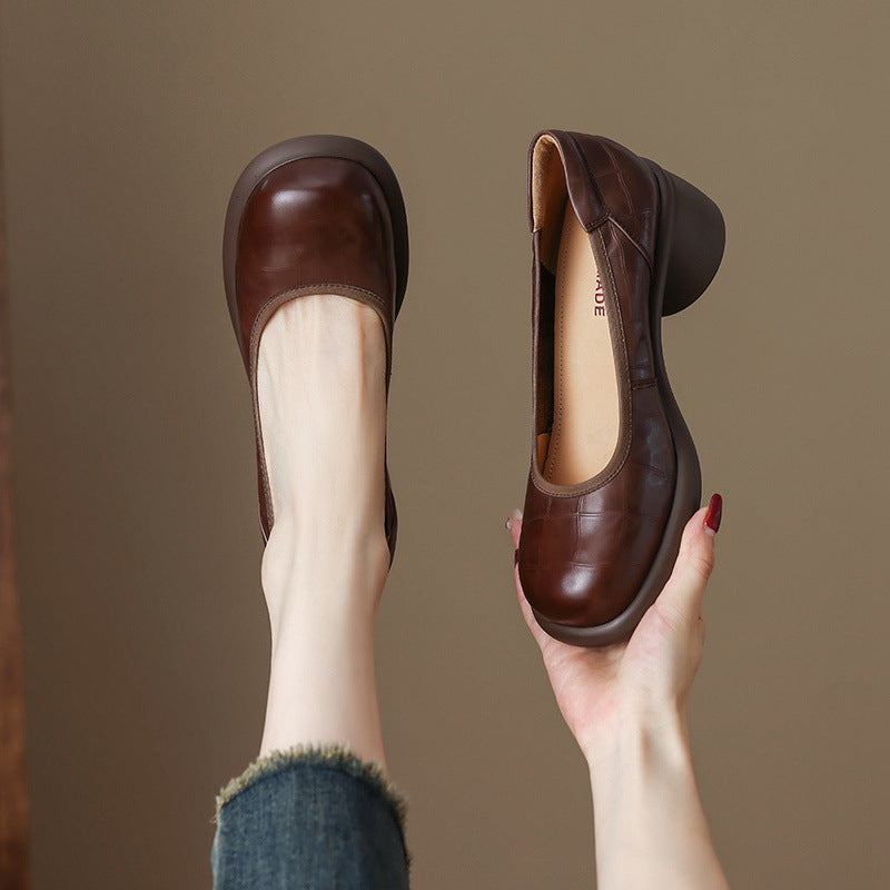 Retro Leather Round Toe Shallow Chunky Slip-On Shoes