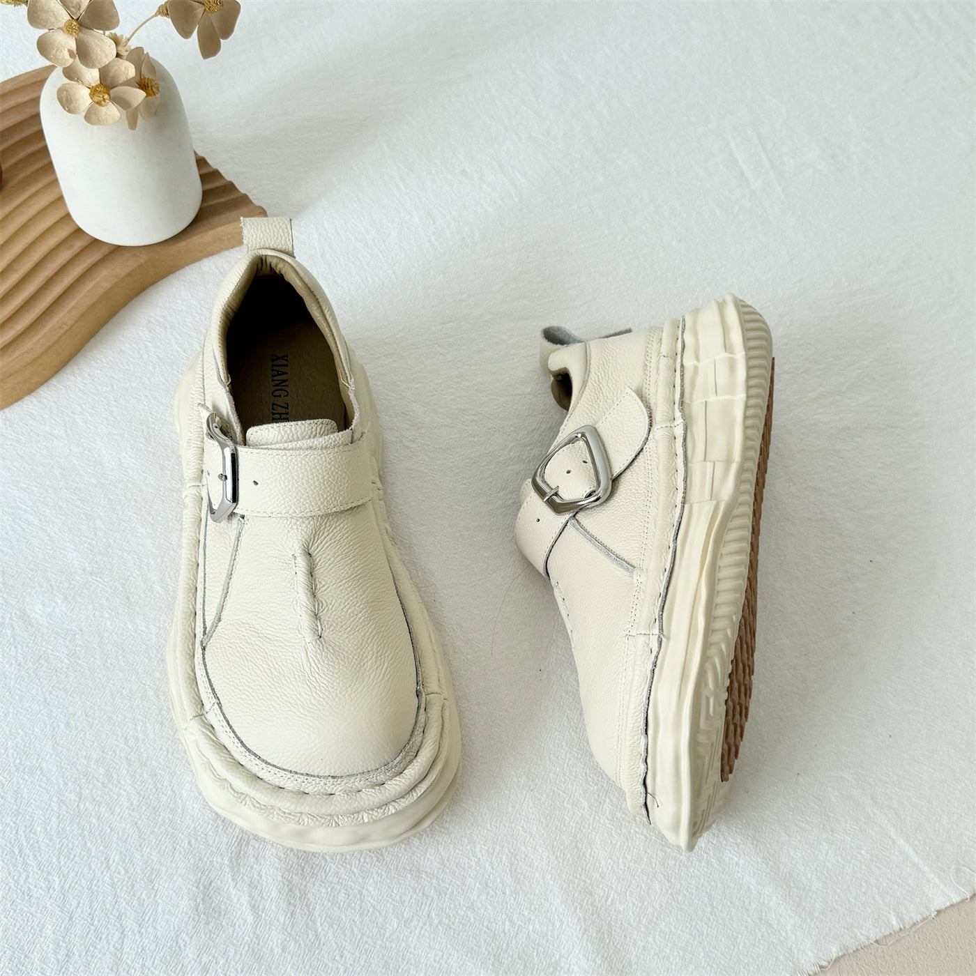 Women Casual Leather Platform Wide Toe Slip-On Shoes