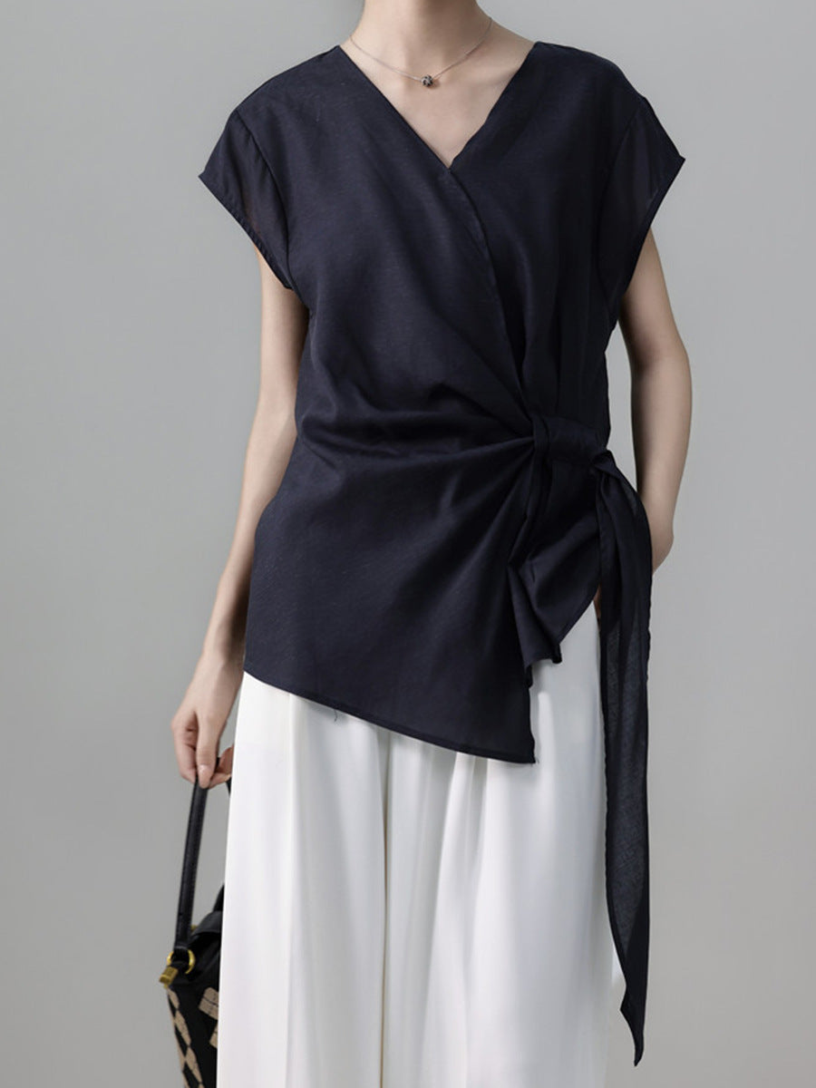 Women Elegant Linen V-Neck Lace-Up 1/4 Sleeves Tops
