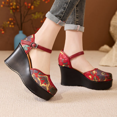 Women's Ethnic Style Retro Genuine Leather Printed Wedge Sandals