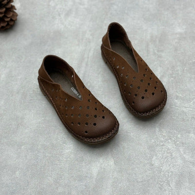 Women Retro Perforated Handmade Genuine Leather Slip-Ons Shoes