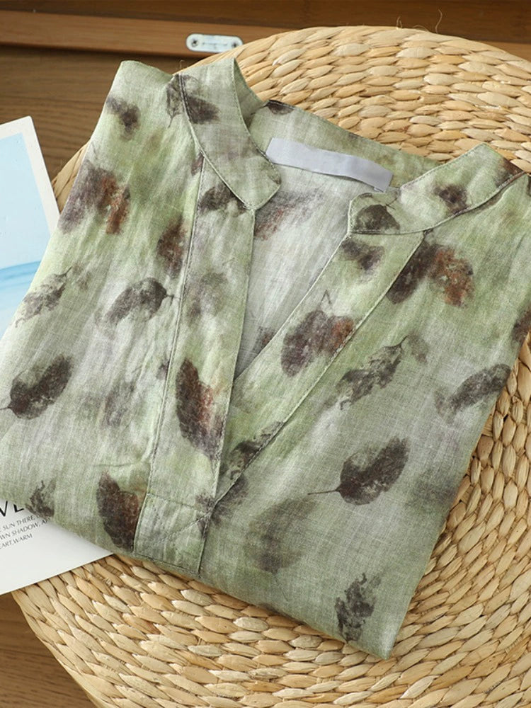 Autumn Ramie V-Neck Printed Comfortable Loose Shirt