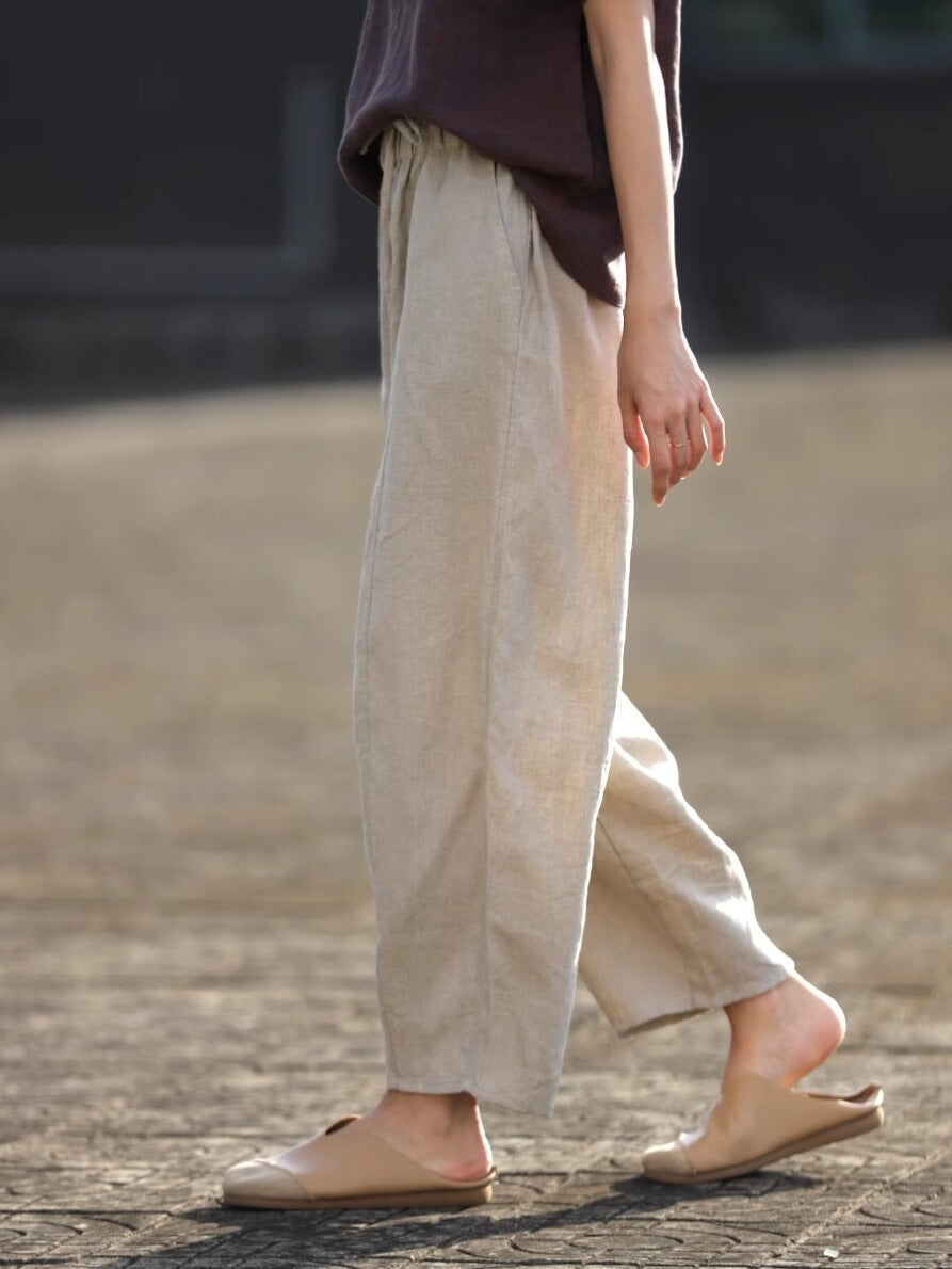 Women Spring Cotton Linen Casual Lace-Up Ankle Pants