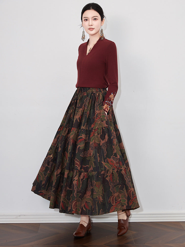 Babakud Autumn Retro Cotton Printed Loose A-Line Skirt