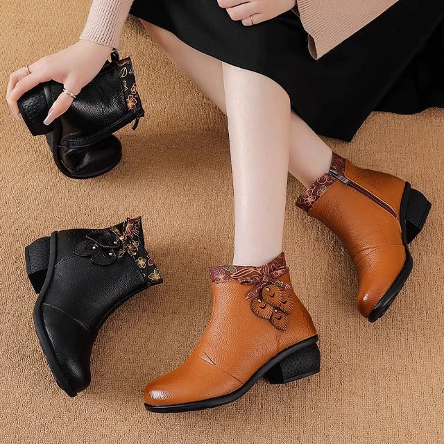 Retro Leather Patchwork Chunky Versatile Zipper Ankle Boots