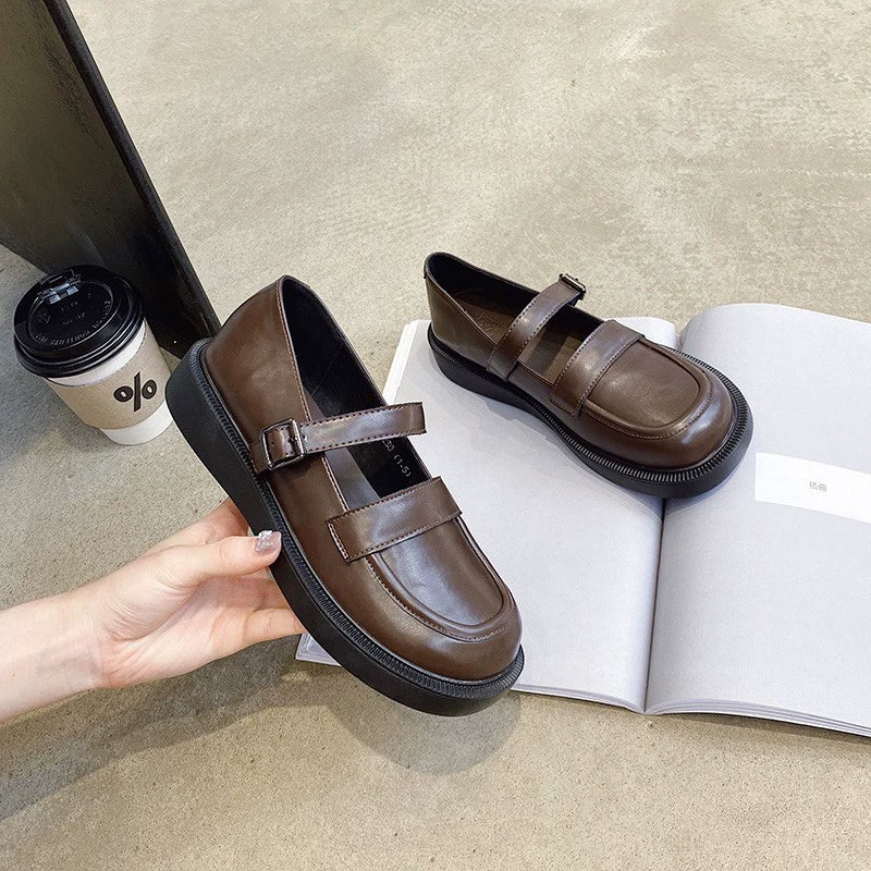 Retro Leather Soft Flat Sole One Straped Loafer Shoes