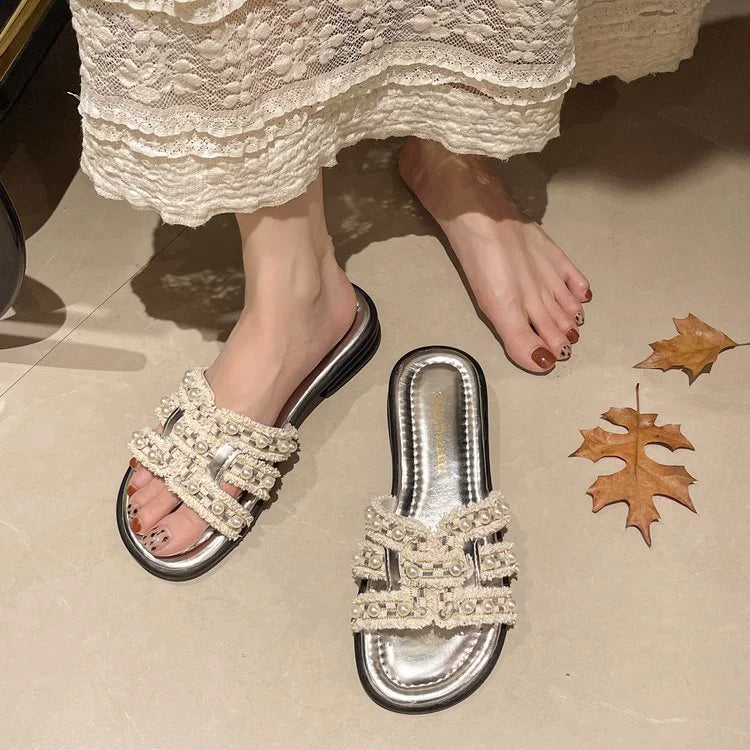 Women Summer Elegant PU Pearl Soft Sole Open Toe Shoes