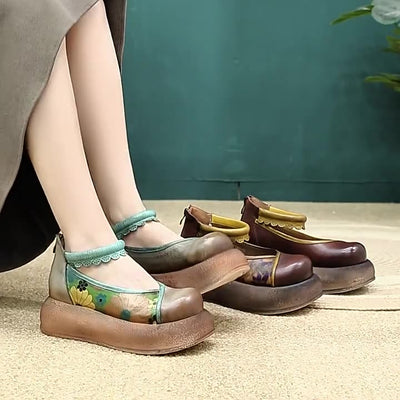 Retro Leather Fashionable Platform Printed Lace Straped Shoes