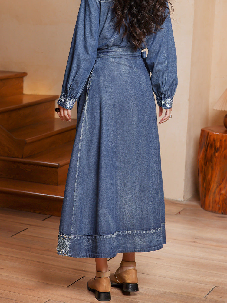 Autumn Denim Casual Loose Chinese Style Embroidered Skirt