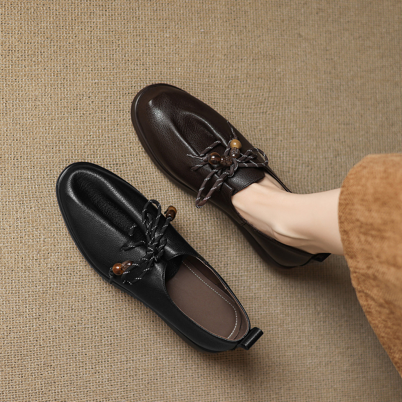 Sheepskin Leather Round Toe Lace-Up Shallow Loafer Shoes