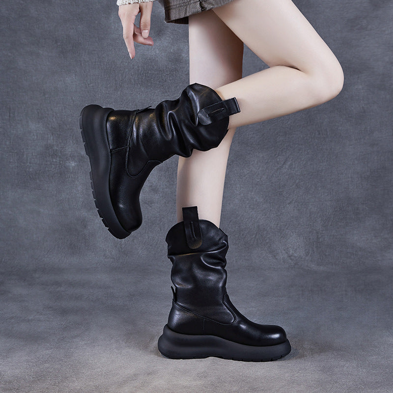 Babakud Autumn Top Leather Casual Round Toe Mid-Calf Boots