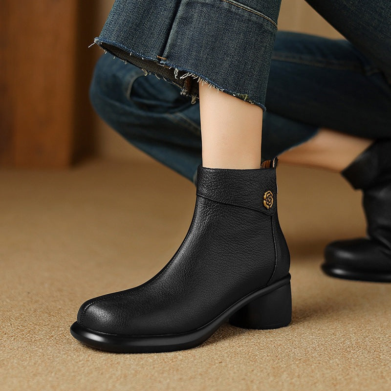 Autumn Vintage Elegant Sheepskin Leather Chunky Boots