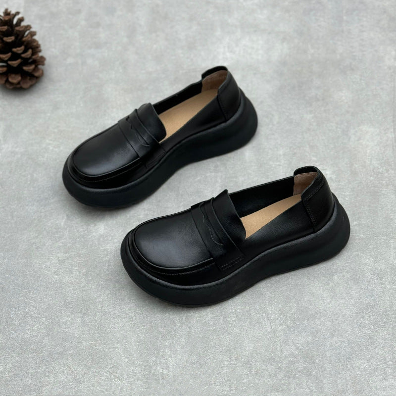 Women Retro Comfy Soft Platform Genuine Leather Slip-Ons