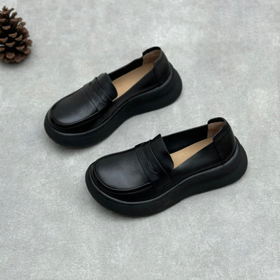 Women Retro Comfy Soft Platform Genuine Leather Slip-Ons