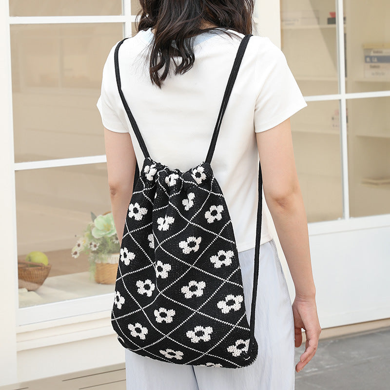 Babakud Cotton Woven Floral Plaid Drawstring Shoulder Bag