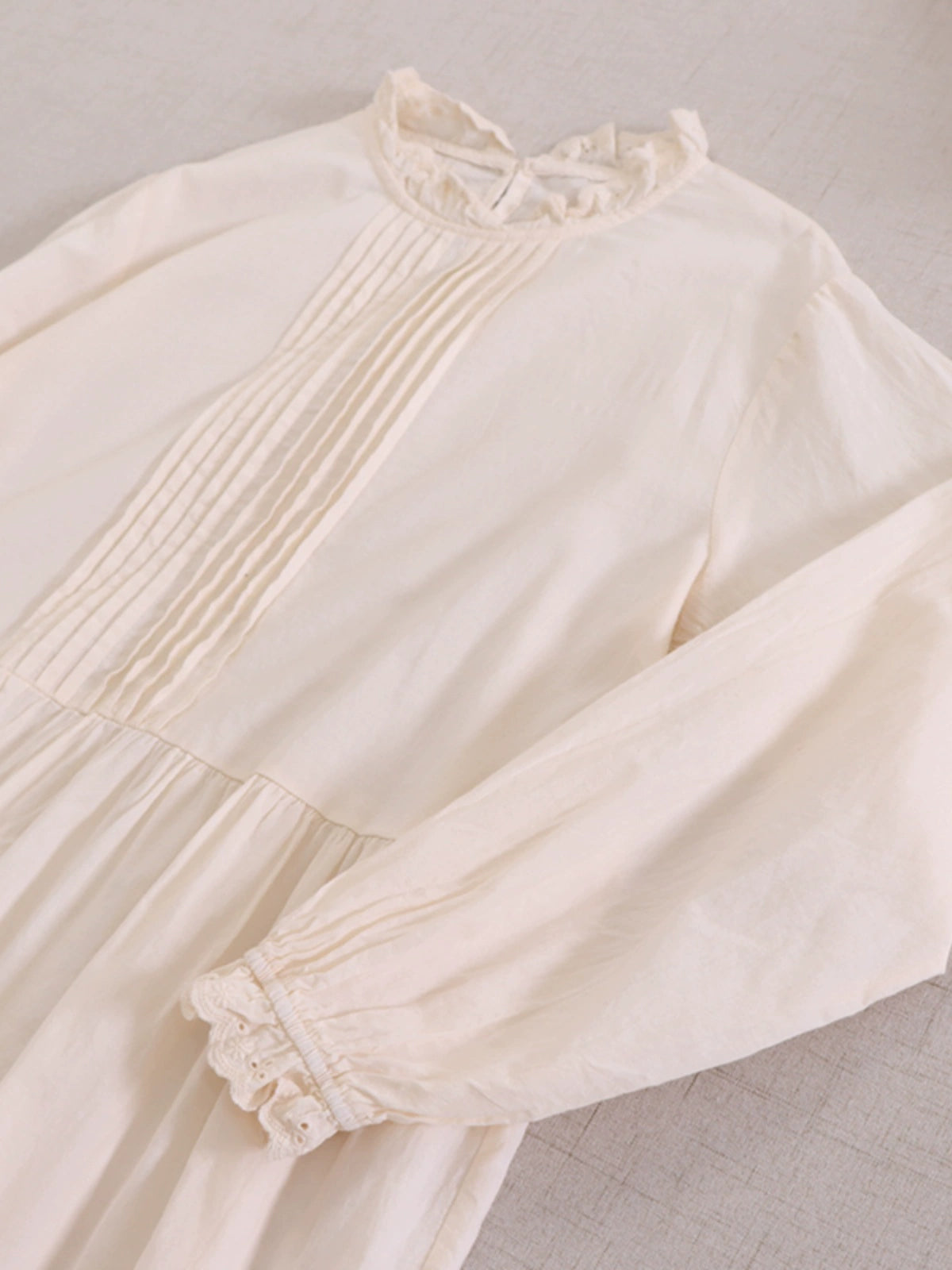 Women Spring Retro Cotton Ruffle Collar Loose Long-Sleeve Dress
