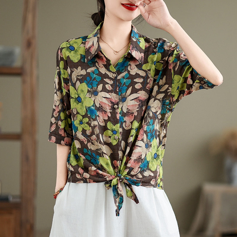 Women Summer Retro Cotton-Linen Printed Casual Loose Blouse