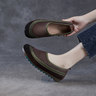 Women Summer Retro Leather Mesh Hollow Soft Flats