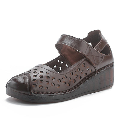 Women's Casual Genuine Leather Hollow Platform Wedge Sandals