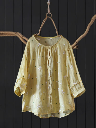 Women Summer Ramie Casual Embroidered Round Neck Shirt