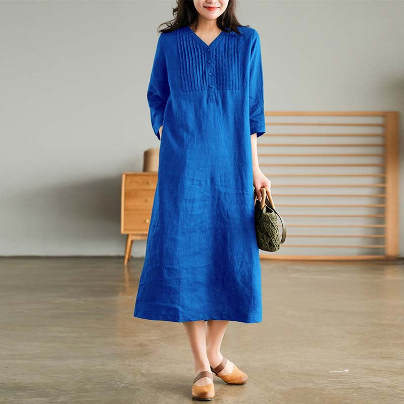 Summer Retro Cotton Linen V-Neck Patchwork Dress