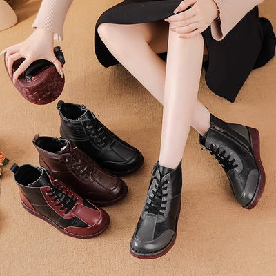 Winter Leather Fleece-In Patchwork Wide Toe Soft Sole Ankle Boots