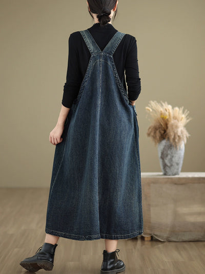 Women Spring Retro Loose Denim Pinafore Dress with Big Pockets