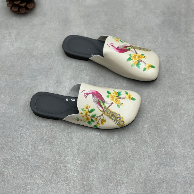 Retro Ethnic Style Embossed Flat Genuine Leather Slippers