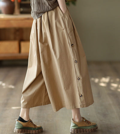 Loose Wide-Leg Side Buttons Cotton Linen Casual Pants for Women
