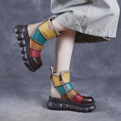 Women Vintage Color Block Platform Leather Short Boots