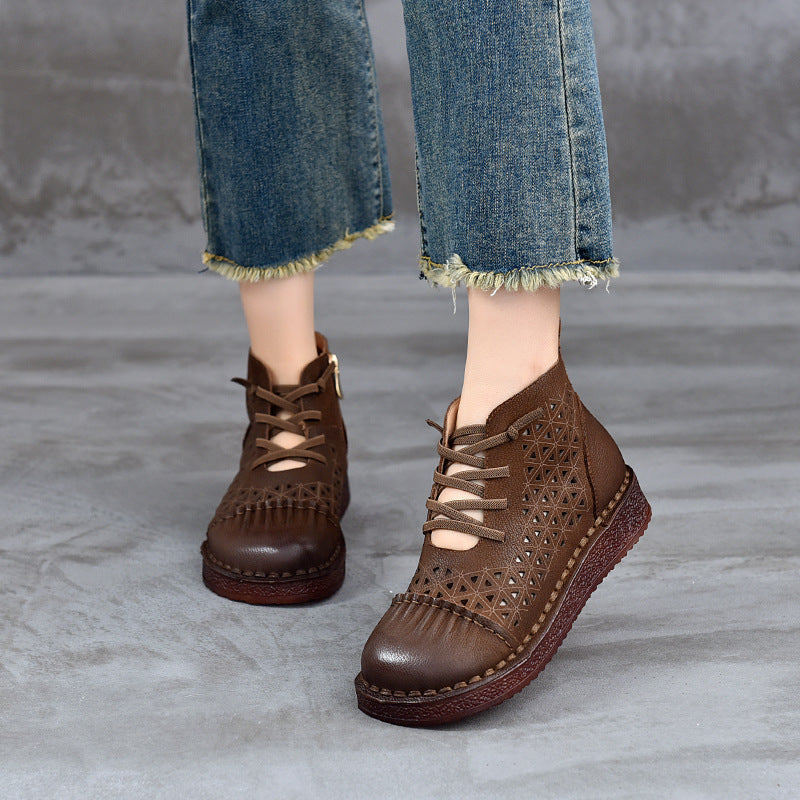 Babakud Women Spring Retro Handmade Hollow Leather Boots
