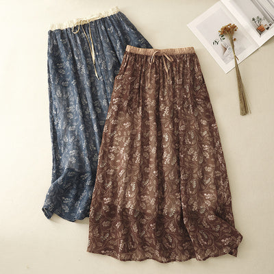 Summer Vintage Ramie Printed Elastic Waist A-Line Lace-Up Skirt
