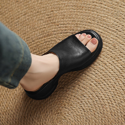 Top Genuine Leather Platform Everyday Open Toe Slippers