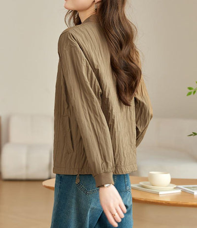 Women Button Up Stand Collar Crinkled Short Jackets