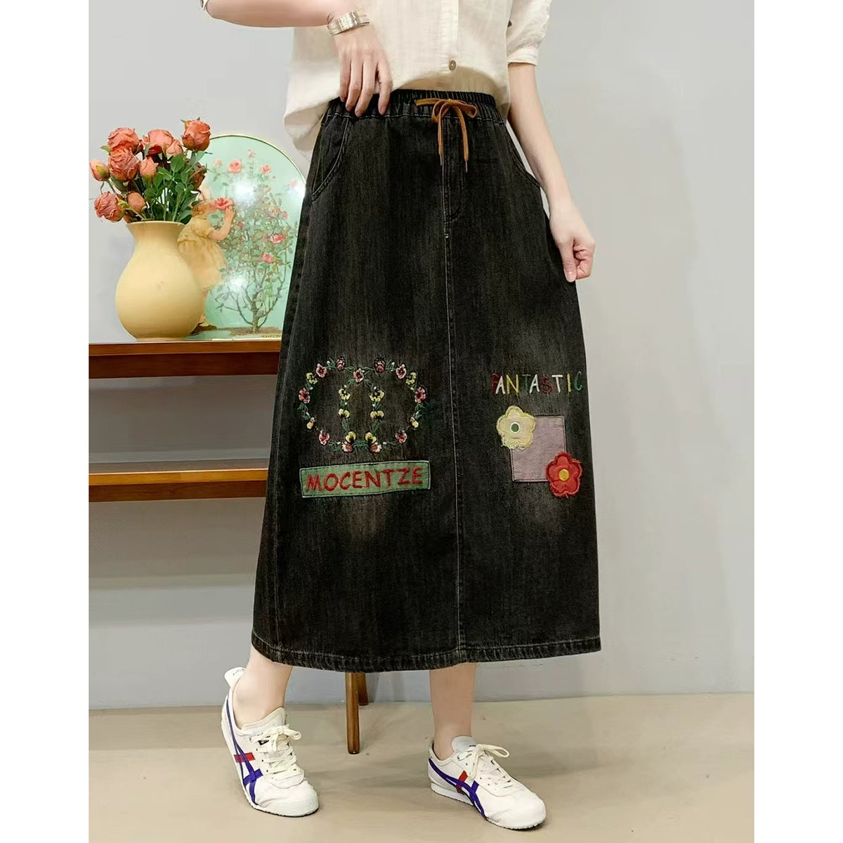 Women Casual Denim Cute Pattern Elastic Waist Lace Up Skirt