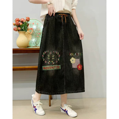 Women Casual Denim Cute Pattern Elastic Waist Lace Up Skirt
