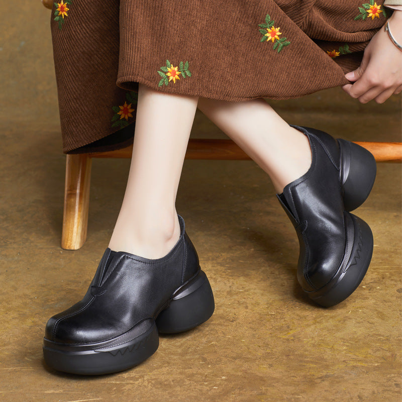 Women Minimalist Thick Soled Chunky Heeled Leather Shoes