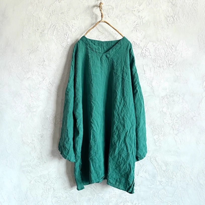 Women Comfy Solid Color V-Neck Washed Loose Linen Blouse