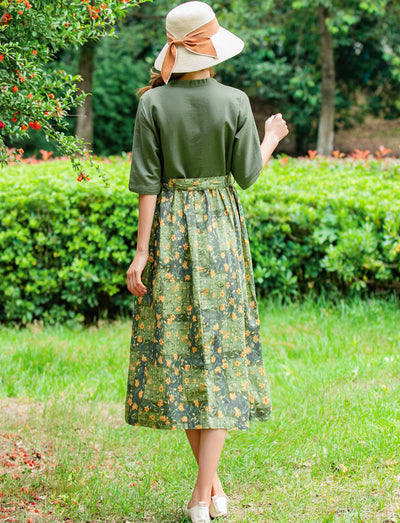 Ladies Spring Floral Printed Cotton Linen A-Line Dresses