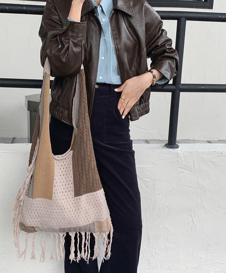 Casual Large Capacity Color Block Tassel Knit Shoulder Bag