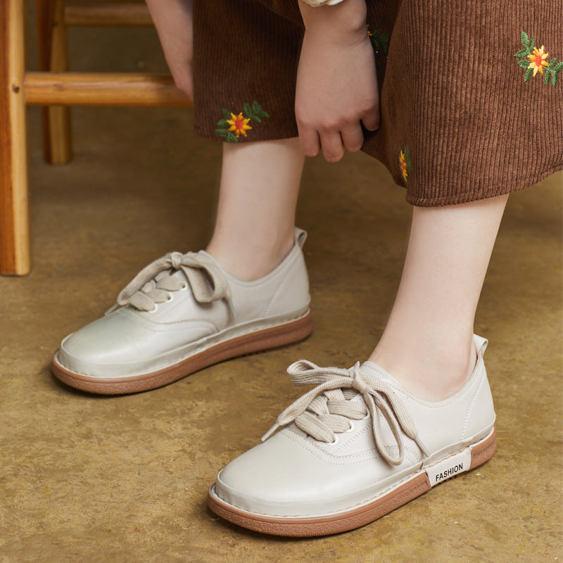 Women Genuine Leather Round Toe Lace-Up Flat Casual Shoes