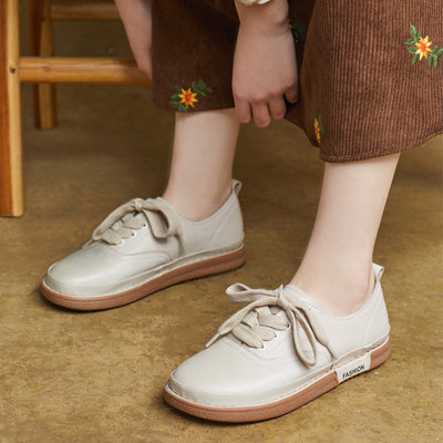 Women Genuine Leather Round Toe Lace-Up Flat Casual Shoes