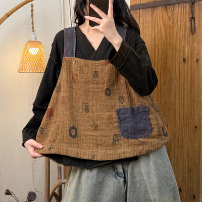 Women Spring Retro Linen Patchwork Casual Vest